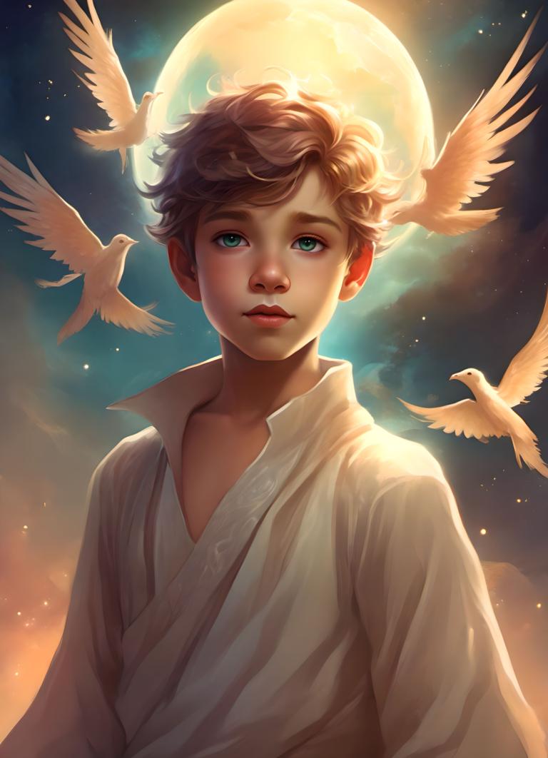 Fantasy Art,Fantasy Art, People, boy, bird, solo, 1boy, male focus, shirt, moon, sky, white shirt, upper body