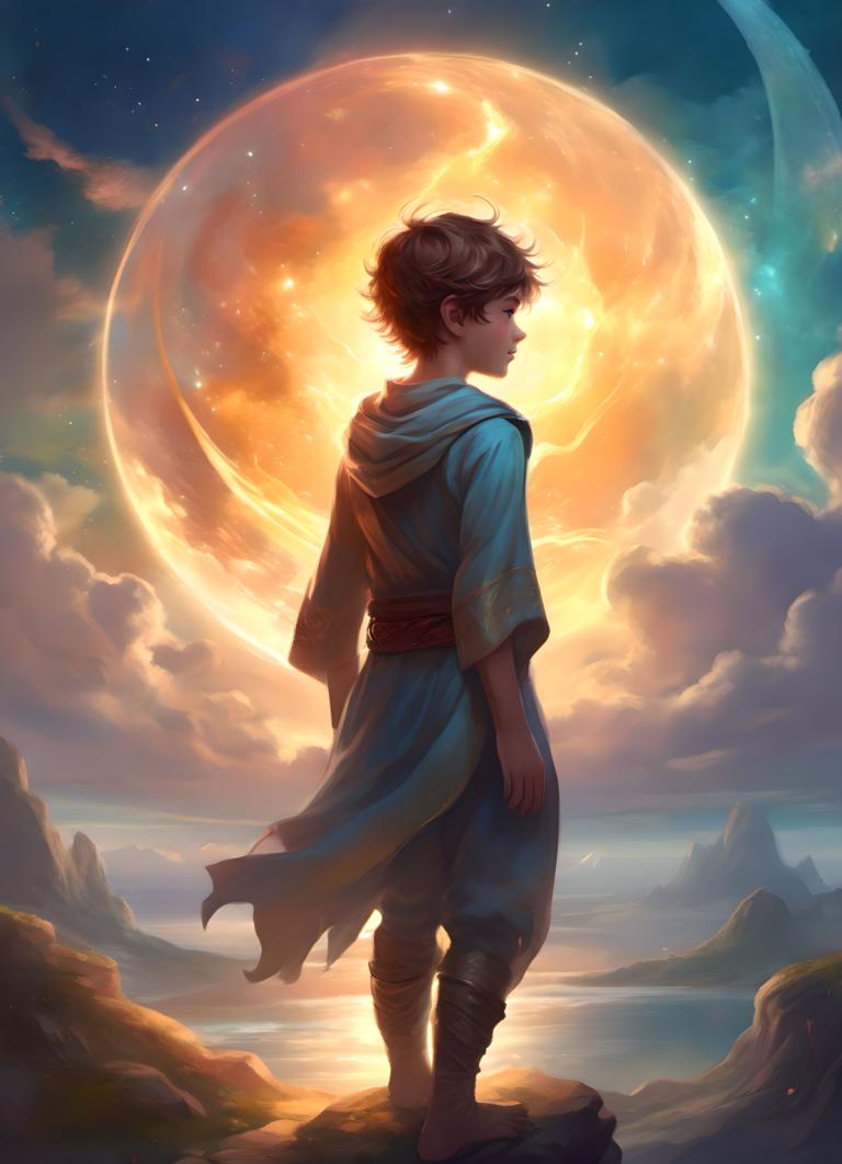 Fantasy Art,Fantasy Art, People, boy, 1boy, moon, male focus, solo, sky, brown hair, cloud, hood, star (sky)