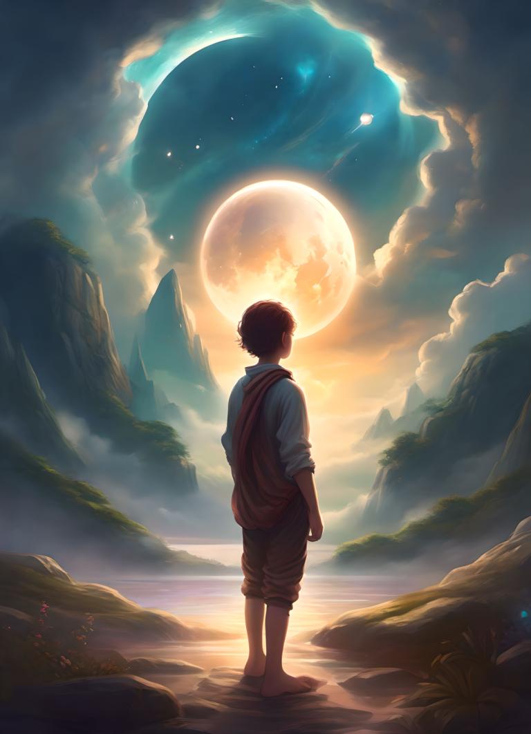 Fantasy Art,Fantasy Art, People, boy, 1boy, moon, sky, barefoot, solo, male focus, cloud, full moon