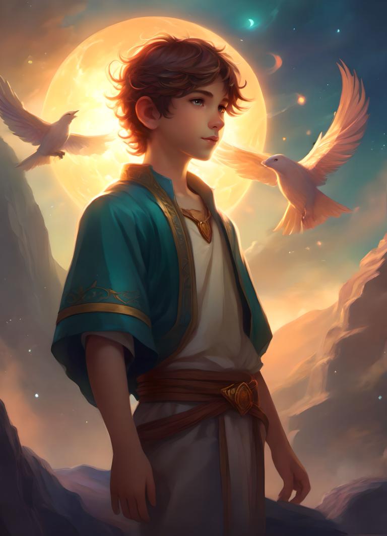 Fantasy Art,Fantasy Art, People, boy, bird, brown hair, 1boy, male focus, sky, solo, moon, short hair