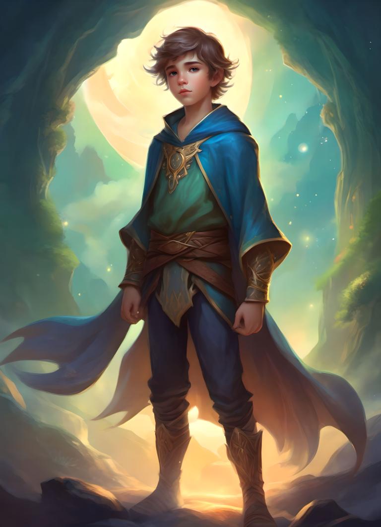 Fantasy Art,Fantasy Art, People, boy, solo, brown hair, blue eyes, boots, standing, cape, male focus, moon