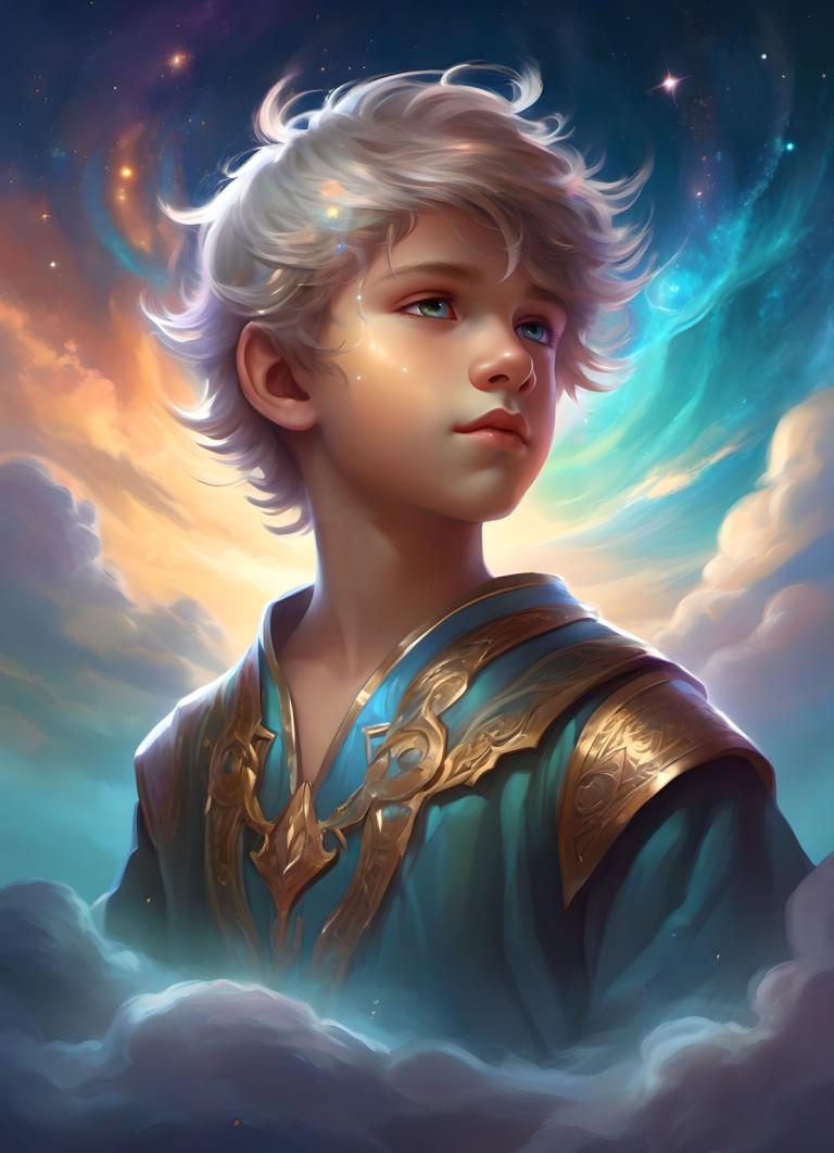 Fantasy Art,Fantasy Art, People, boy, solo, sky, cloud, male focus, 1boy, star (sky), blue eyes, upper body