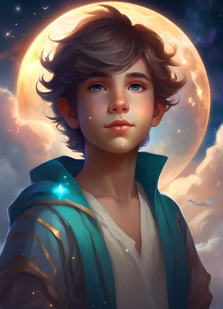 Arc Csere, Fantasy Art, Fantasy Art, People, boy, solo, moon, 1boy, male focus, sky, brown hair, blue eyes, cloud, bird, night, star (sky), upper body, full moon, night sky, lips, looking up, realistic, artist name, starry sky