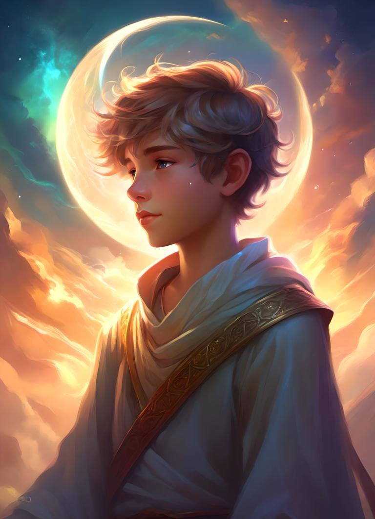 Fantasy Art,Fantasy Art, People, boy, moon, sky, solo, cloud, blue eyes, 1boy, male focus, star (sky)