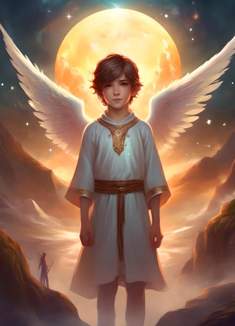 Fantasy Art,Fantasy Art, People, boy, wings, moon, short hair, brown hair, 1girl, looking at viewer, sky