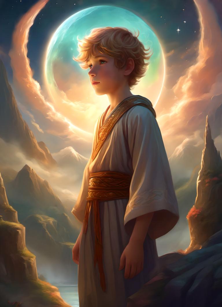 Fantasy Art,Fantasy Art, People, boy, solo, moon, sky, blonde hair, star (sky), 1boy, short hair, cloud