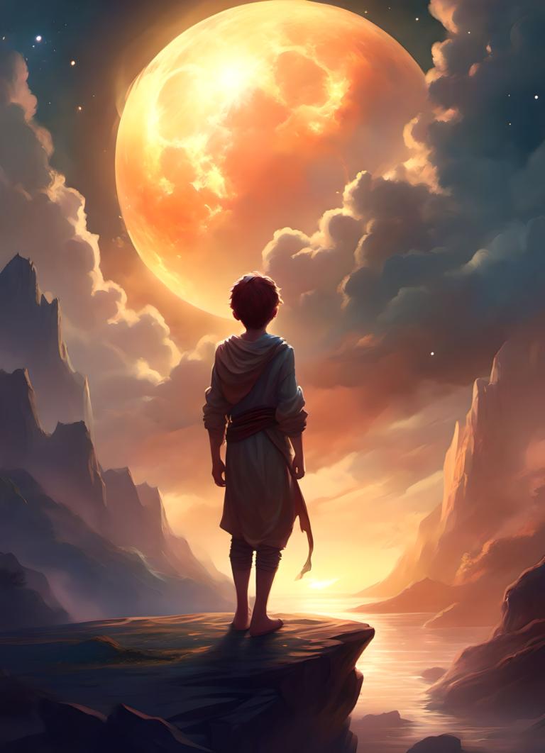 Fantasy Art,Fantasy Art, People, boy, 1boy, moon, male focus, solo, sky, cloud, from behind, full moon