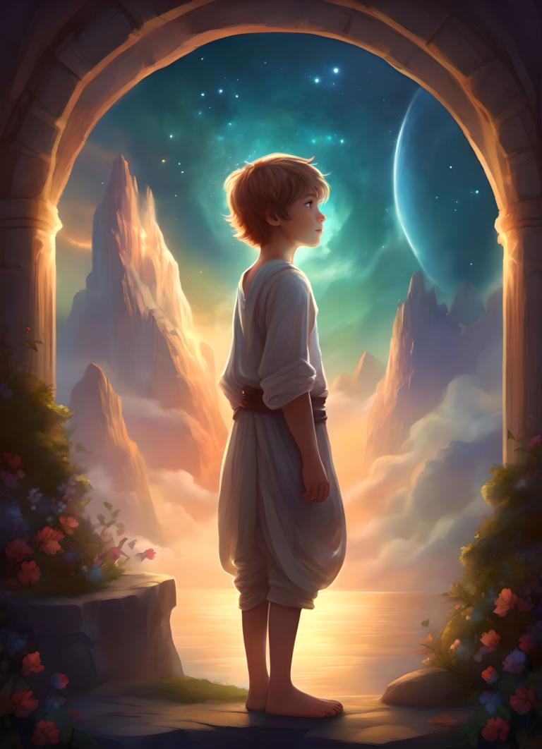 Fantasy Art,Fantasy Art, People, boy, solo, barefoot, sky, flower, star (sky), brown hair, 1boy, male focus