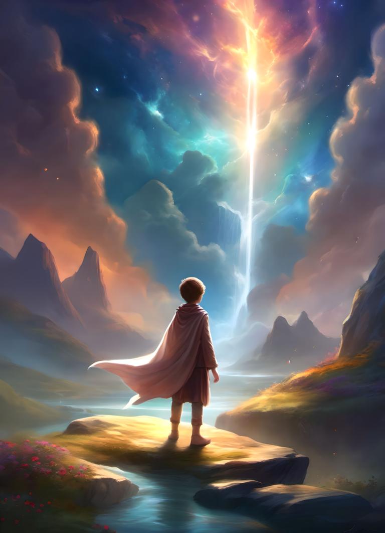 Fantasy Art,Fantasy Art, People, boy, sky, solo, 1boy, cape, cloud, male focus, outdoors, from behind, flower