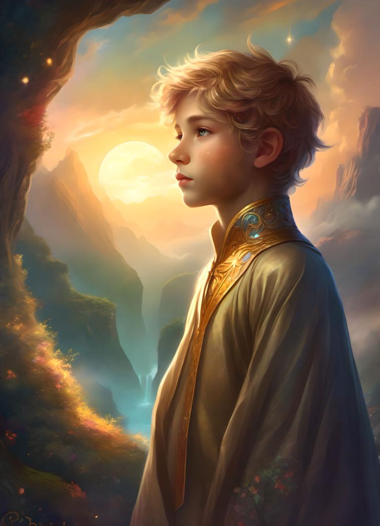 Fantasy Art,Fantasy Art, People, boy, solo, blonde hair, short hair, sky, blue eyes, cloud, sun, tree, 1girl