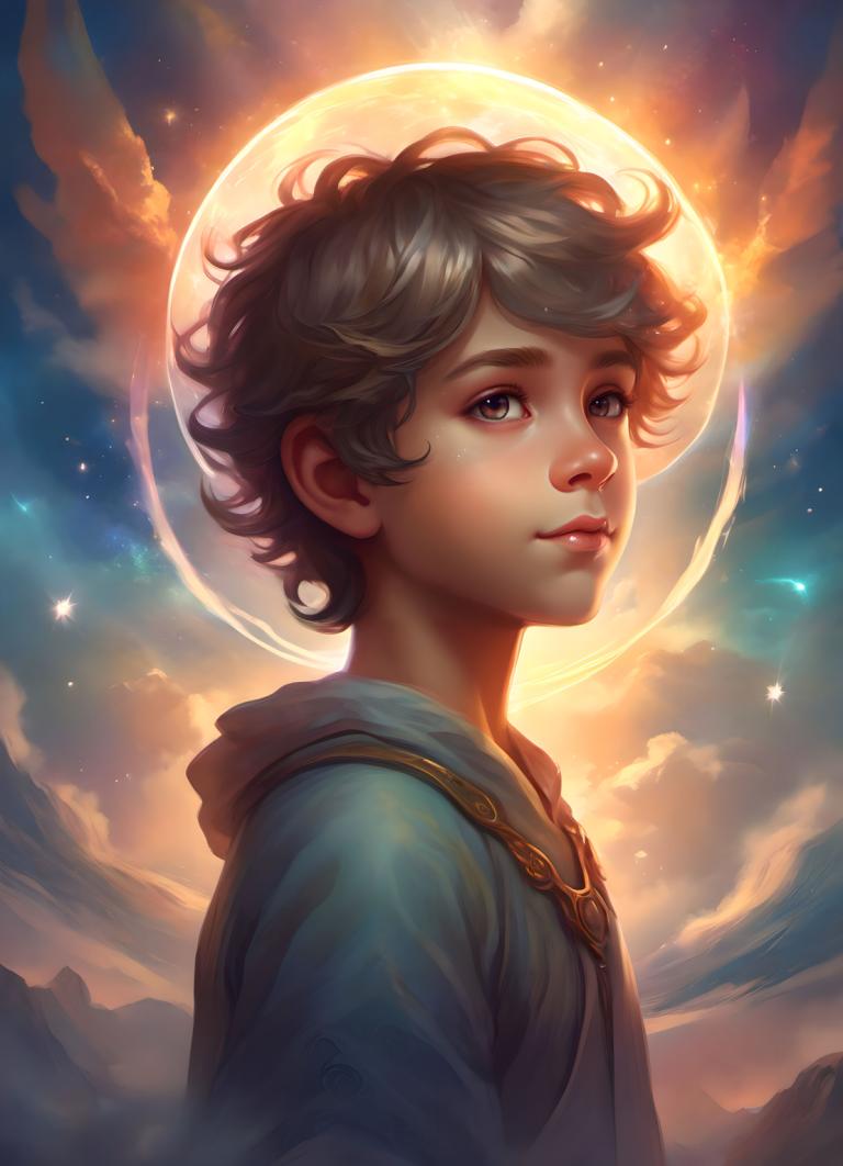 Arc Csere, Fantasy Art, Fantasy Art, People, boy, solo, moon, sky, cloud, looking at viewer, lips, male focus, brown eyes, hood, brown hair, short hair, 1boy, star (sky), upper body, star (symbol), realistic