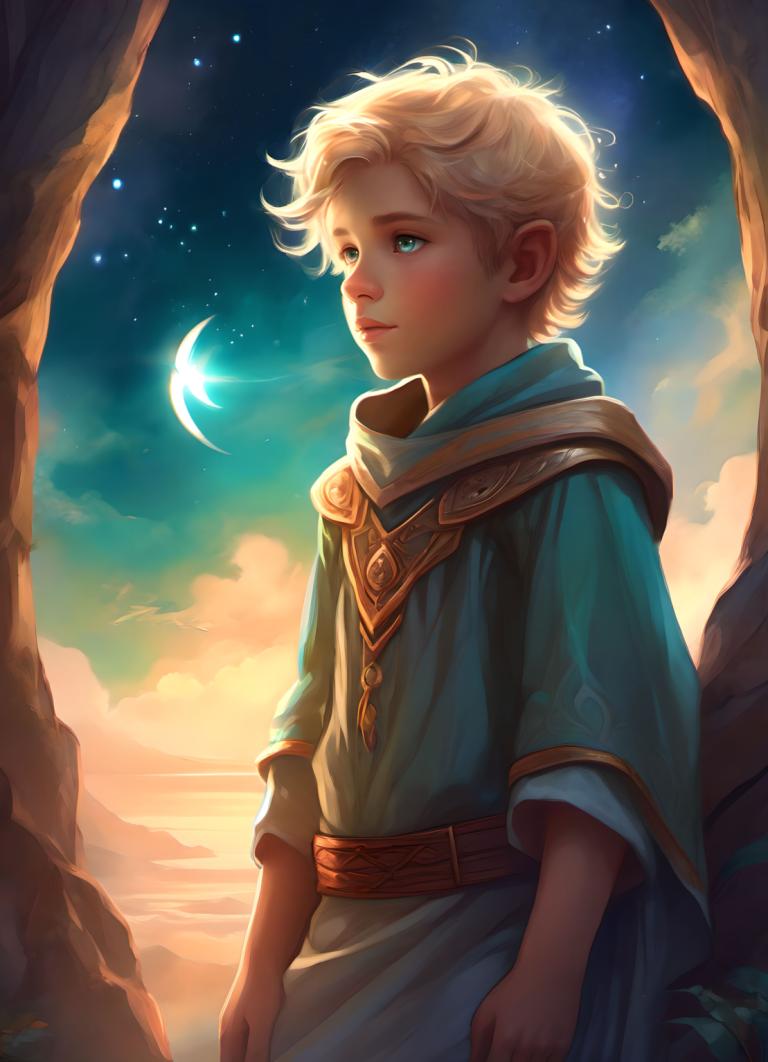 Fantasy Art,Fantasy Art, People, boy, solo, blonde hair, sky, star (sky), male focus, blue eyes, 1boy, moon