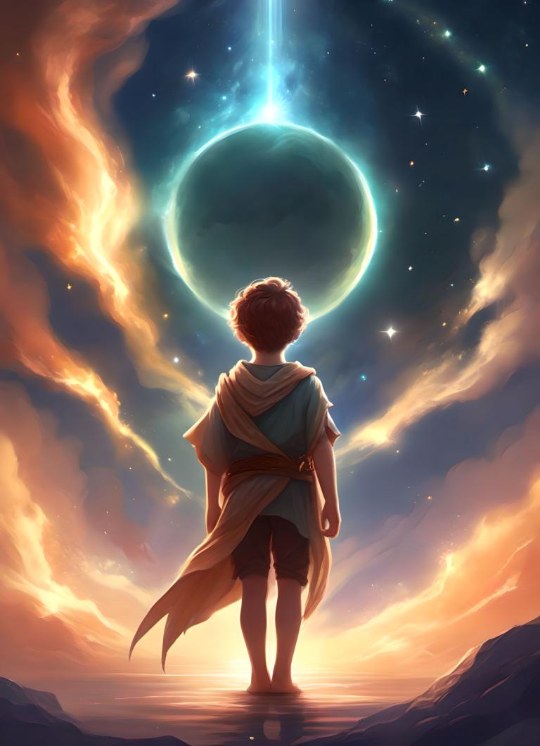 Fantasy Art,Fantasy Art, People, boy, 1boy, male focus, solo, sky, from behind, star (sky), cloud, brown hair