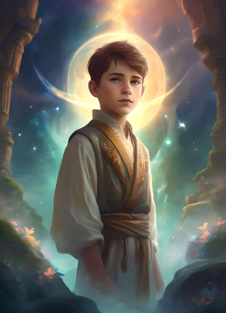 Fantasy Art,Fantasy Art, People, boy, solo, moon, blue eyes, brown hair, 1boy, pillar, male focus