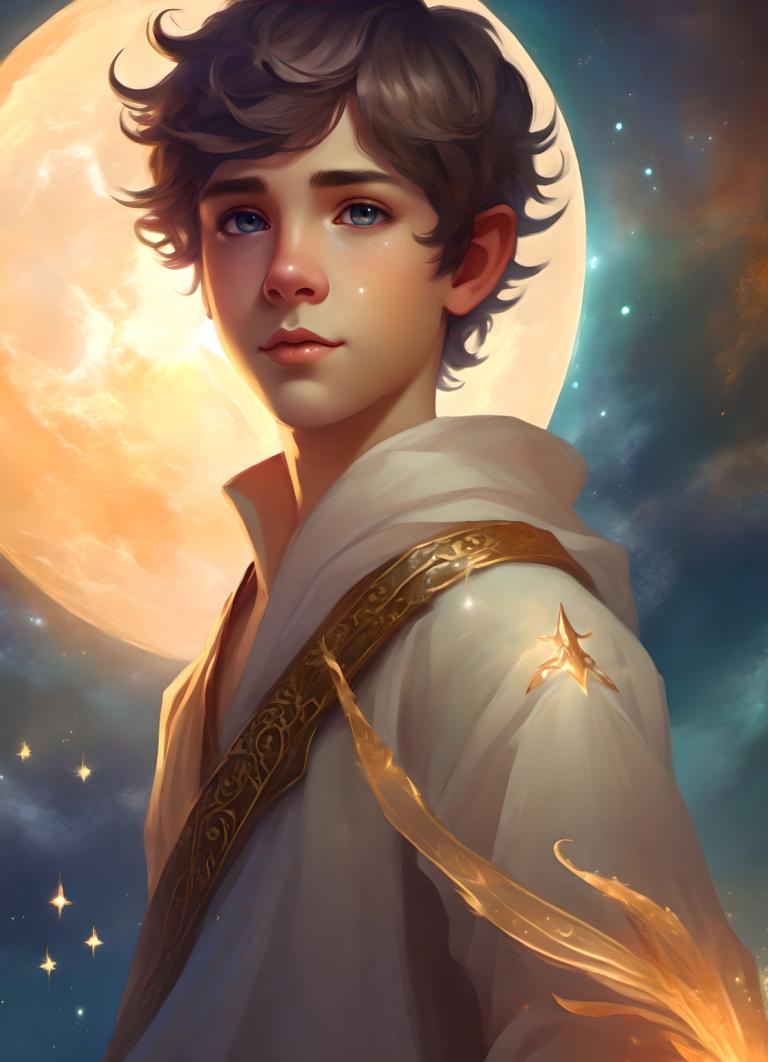 Fantasy Art,Fantasy Art, People, boy, solo, 1boy, male focus, moon, blue eyes, brown hair, sky, upper body