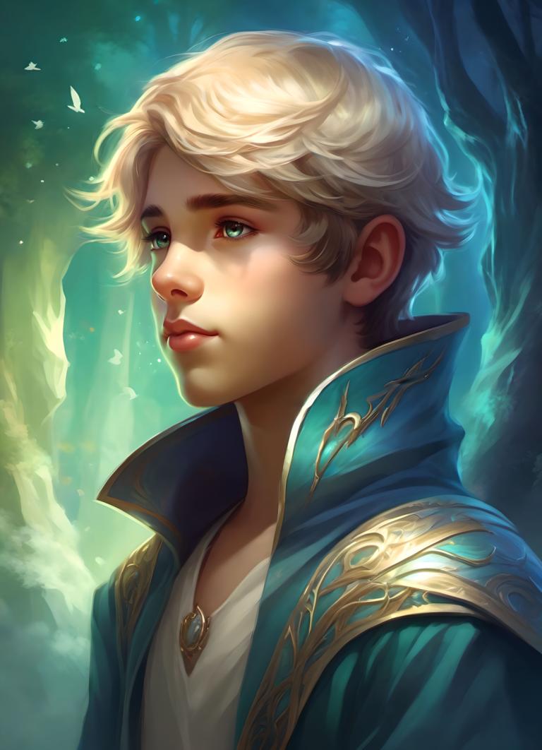 Arc Csere, Fantasy Art, Fantasy Art, People, boy, solo, male focus, blonde hair, 1boy, jewelry, green eyes, necklace, upper body, realistic, lips, short hair, high collar, artist name