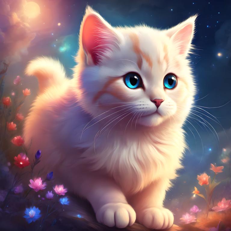 Fantasy Art,Fantasy Art, Animal, cat, no humans, flower, blue eyes, cat, sky, animal focus, animal, whiskers