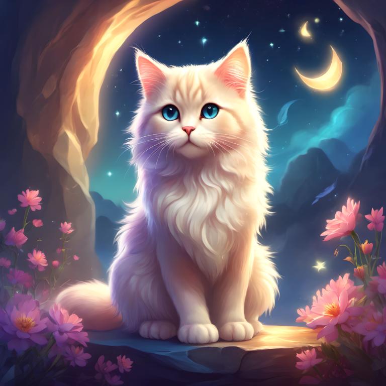 Fantasy Art,Fantasy Art, Animal, cat, no humans, flower, sky, night, blue eyes, moon, star (sky), cat