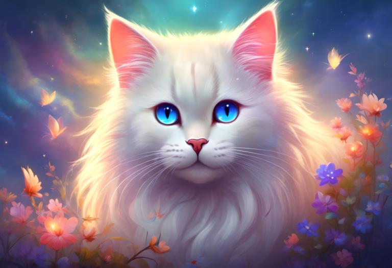 Fantasy Art,Fantasy Art, Animal, cat, no humans, flower, blue eyes, sky, animal focus, cat, looking at viewer