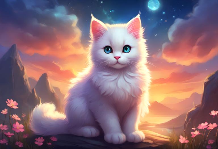 Fantasy Art,Fantasy Art, Animal, cat, no humans, sky, moon, flower, star (sky), outdoors, cloud, blue eyes