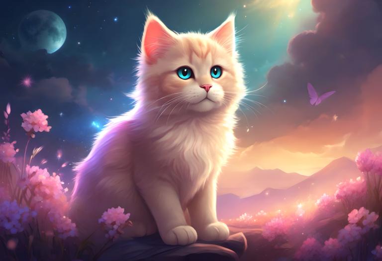 Fantasy Art,Fantasy Art, Animal, cat, moon, bug, no humans, sky, butterfly, flower, blue eyes, cat, full moon