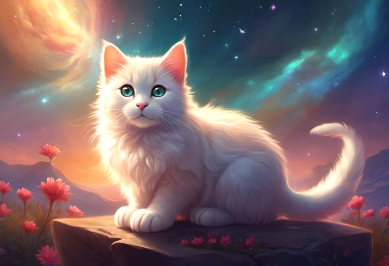 Fantasy Art,Fantasy Art, Animal, cat, no humans, flower, sky, star (sky), animal focus, animal, starry sky