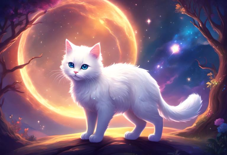 Fantasy Art,Fantasy Art, Animal, cat, no humans, tree, moon, blue eyes, sky, star (sky), flower, cat, night