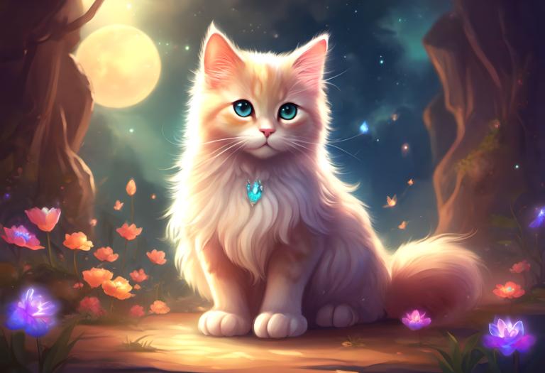 Fantasy Art,Fantasy Art, Animal, cat, no humans, flower, moon, night, sky, full moon, blue eyes, night sky