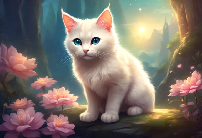 Fantasy Art,Fantasy Art, Animal, cat, no humans, flower, blue eyes, animal focus, animal, cat, outdoors, sun