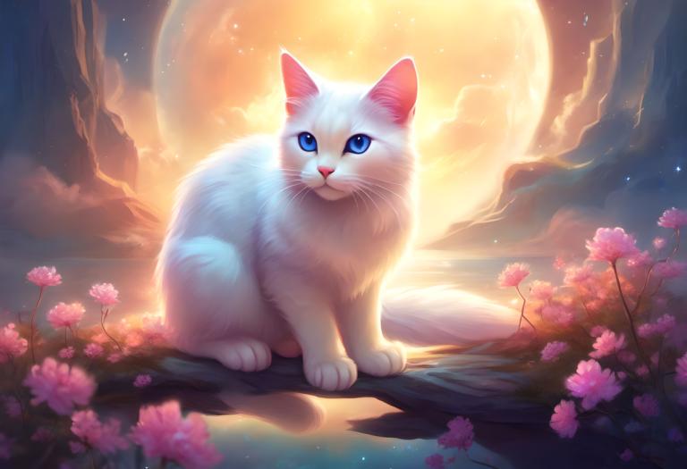 Fantasy Art,Fantasy Art, Animal, cat, no humans, moon, blue eyes, flower, cat, animal, sky, full moon