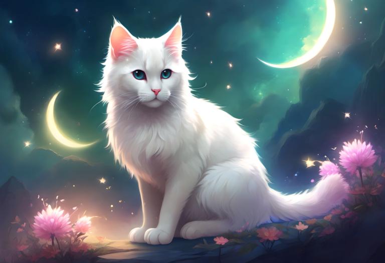 Fantasy Art,Fantasy Art, Animal, cat, no humans, moon, flower, sky, night, animal focus, crescent moon