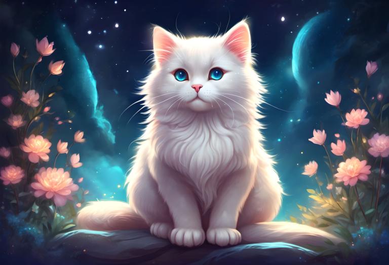 Fantasy Art,Fantasy Art, Animal, cat, no humans, flower, blue eyes, cat, animal focus, sky, night, star (sky)