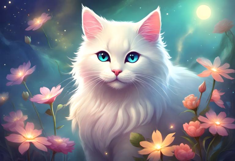 Fantasy Art,Fantasy Art, Animal, cat, no humans, flower, sky, moon, animal focus, cat, blue eyes, night