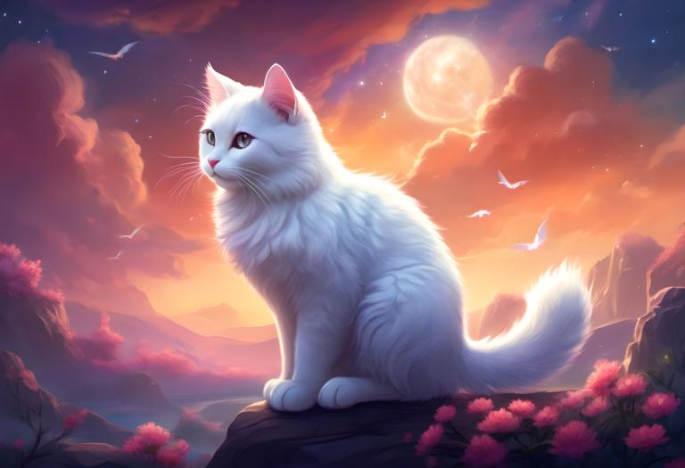 Fantasy Art,Fantasy Art, Animal, cat, no humans, sky, moon, flower, cloud, star (sky), bird, outdoors, animal