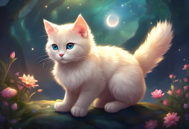 Fantasy Art,Fantasy Art, Animal, cat, no humans, flower, moon, blue eyes, night, cat, animal focus, sky