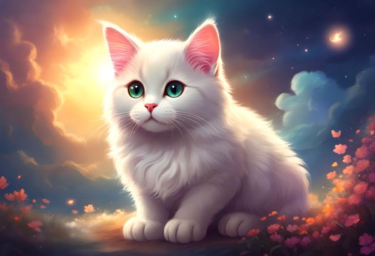 Fantasy Art,Fantasy Art, Animal, cat, no humans, flower, sky, cloud, animal focus, cat, green eyes, moon