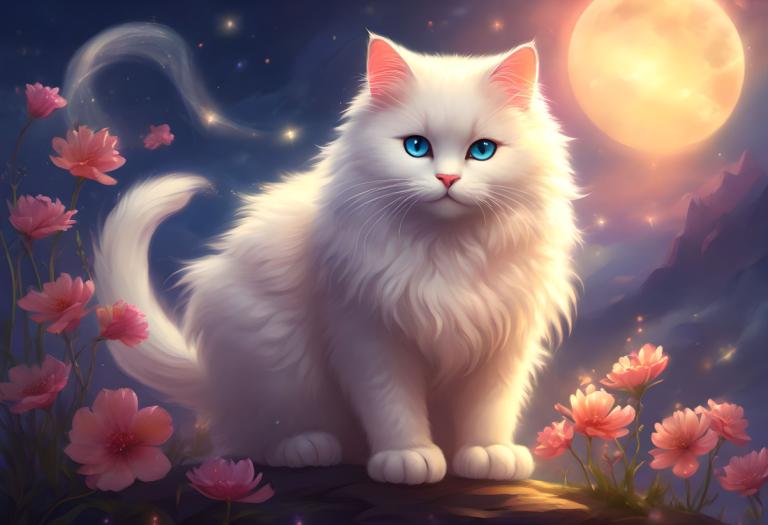 Fantasy Art,Fantasy Art, Animal, cat, no humans, moon, flower, blue eyes, full moon, night, sky, cat, animal