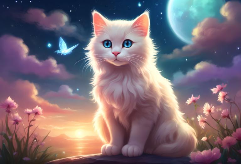 Fantasy Art,Fantasy Art, Animal, cat, no humans, bug, butterfly, flower, moon, sky, blue eyes, star (sky)