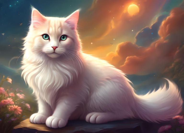 Fantasy Art,Fantasy Art, Animal, cat, no humans, sky, flower, animal focus, animal, cloud, realistic, cat