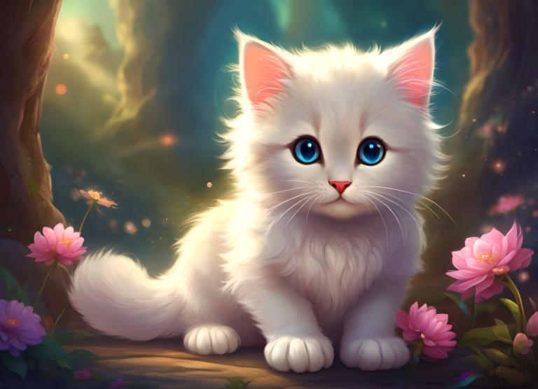 Fantasy Art,Fantasy Art, Animal, cat, no humans, flower, blue eyes, animal focus, tree, cat