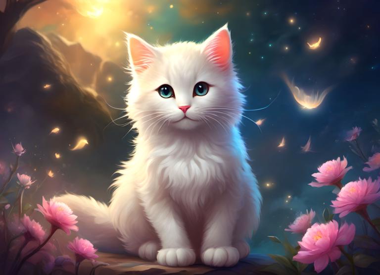 Fantasy Art,Fantasy Art, Animal, cat, no humans, flower, sky, cat, animal focus, animal, blue eyes, tree