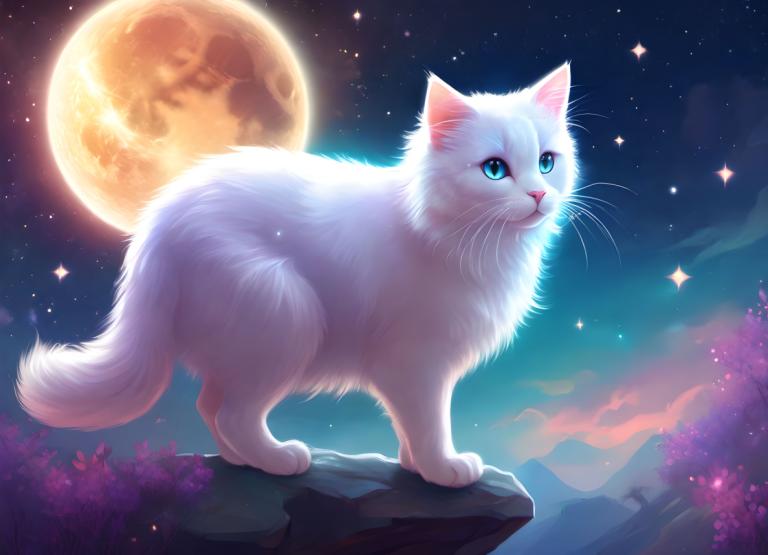 ファンタジーアート,ファンタジーアート, 動物, 猫, 人間がいない, 月, 星（空）, 空, 猫, 夜, 星空, 満月, 夜空, 動物の焦点, 青い目, 屋外, 動物, 輝く, 木, 全身, 見上げる, 立っている