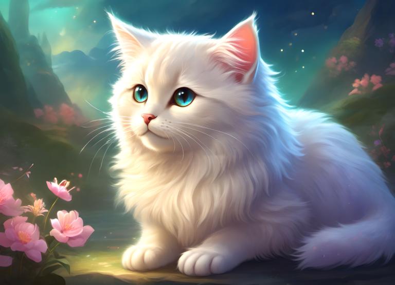 Fantasy Art,Fantasy Art, Animal, cat, no humans, flower, blue eyes, realistic, animal focus, cat, animal