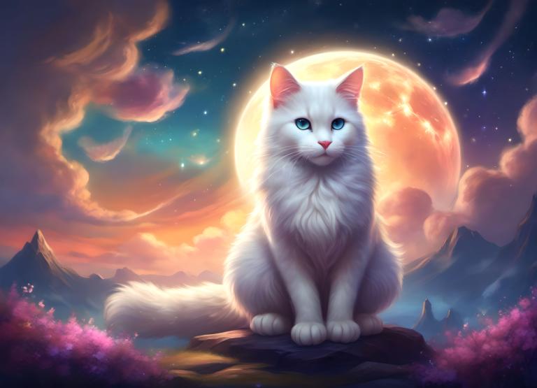 Fantasy Art,Fantasy Art, Animal, cat, no humans, moon, sky, star (sky), full moon, blue eyes, cat, starry sky