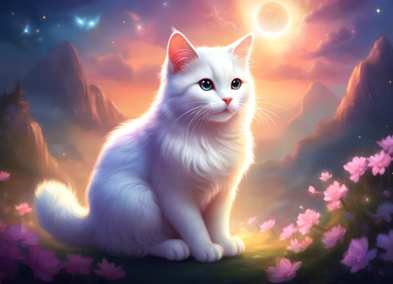 Fantasy Art,Fantasy Art, Animal, cat, no humans, flower, sky, moon, cat, mountain, animal focus, outdoors