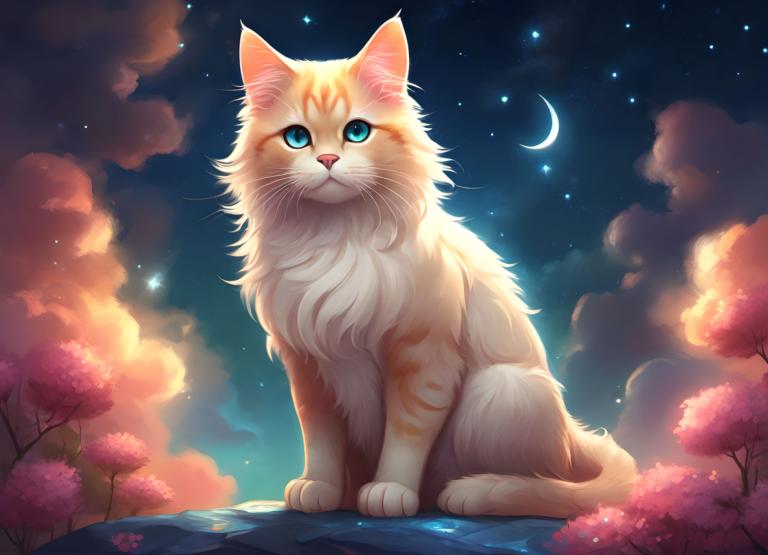 Fantasy-Kunst,Fantasy-Kunst, Tiere, Katze, keine Menschen, Himmel, Sternenhimmel), Mond, tierischer Fokus