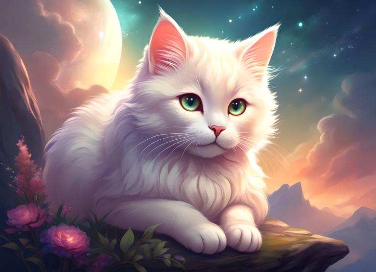 Fantasy Art,Fantasy Art, Animal, cat, no humans, sky, flower, star (sky), moon, green eyes, starry sky