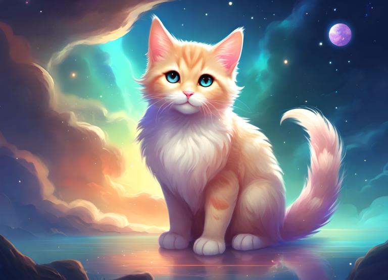 ファンタジーアート,ファンタジーアート, 動物, 猫, 人間がいない, 空, 星（空）, 月, 青い目, 星空, 雲, 猫, 動物の焦点, 満月, 反射, 夜, 夜空, ソロ, 動物, 全身, 水, サイン