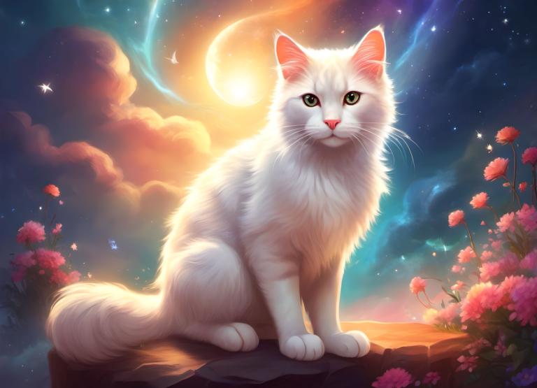 ファンタジーアート,ファンタジーアート, 動物, 猫, 人間がいない, 空, 月, 猫, 花, 動物の焦点, 星（空）, 雲, 動物, 夜, 夜空, 星空, 緑の目, 屋外, バグ, 太陽, 視聴者を見ている