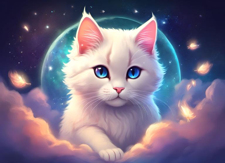 ファンタジーアート,ファンタジーアート, 動物, 猫, 人間がいない, 空, 青い目, 星（空）, 動物の焦点, 雲, 猫, 月, 視聴者を見ている, 星空, 夜空, 羽毛, 動物, 夜, ひげ, 満月, ソロ